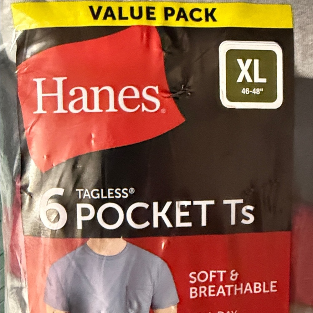 NWT XL Hanes 6-Pack Men's Short Sleeve Pocket Tees Soft Breathable Tagless Ts - Picture 3 of 3